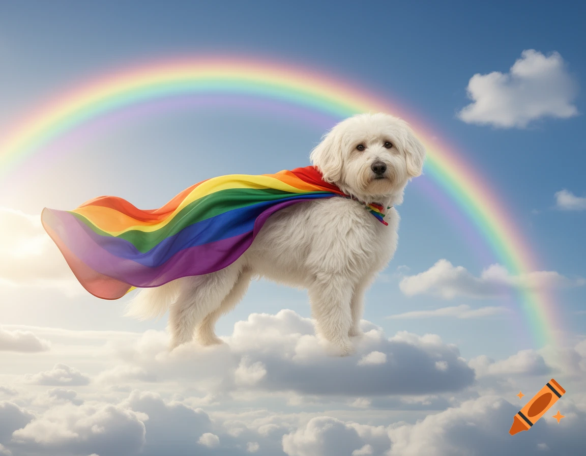 A fluffy white dog wearing a vibrant rainbow cape, standing on soft clouds under a bright blue sky with a large rainbow.
