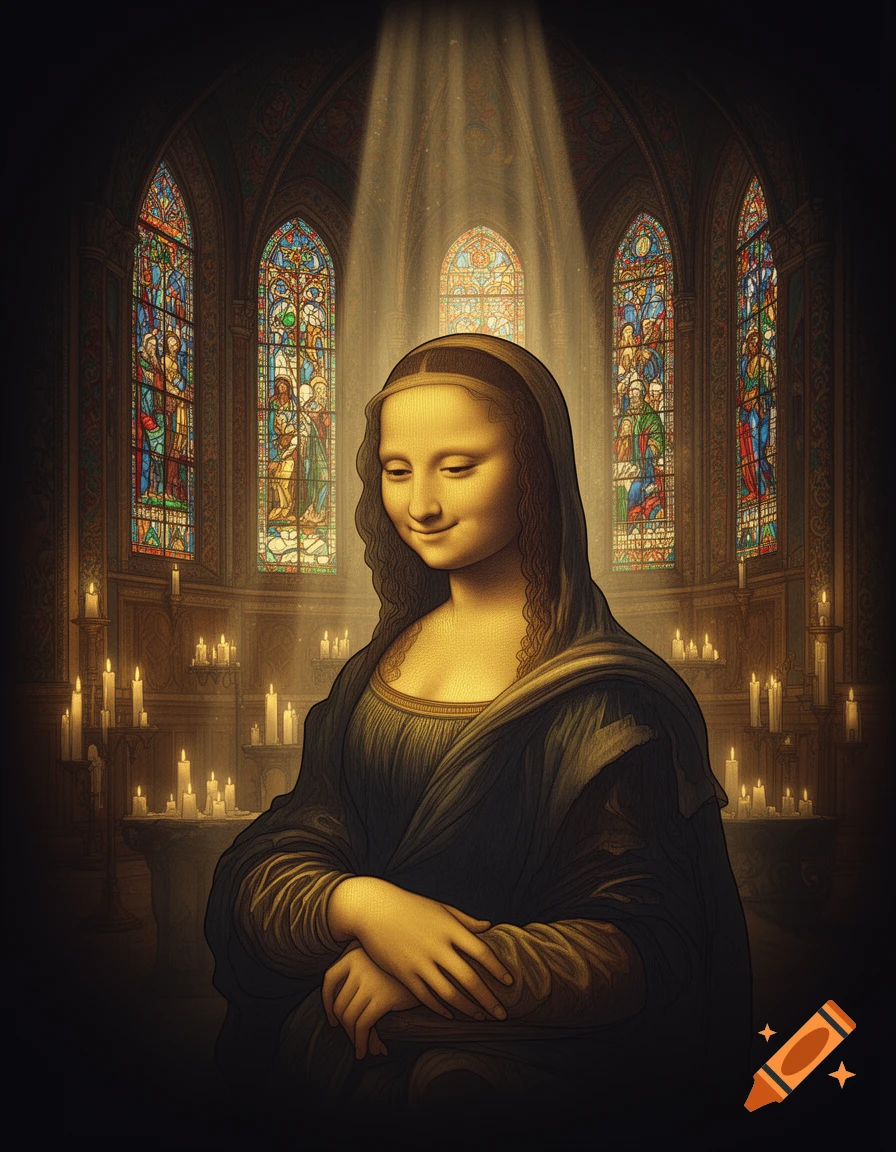 Mona Lisa with clasped hands, praying in a dimly lit church with stained glass windows and many lit candles, bathed in light from above.