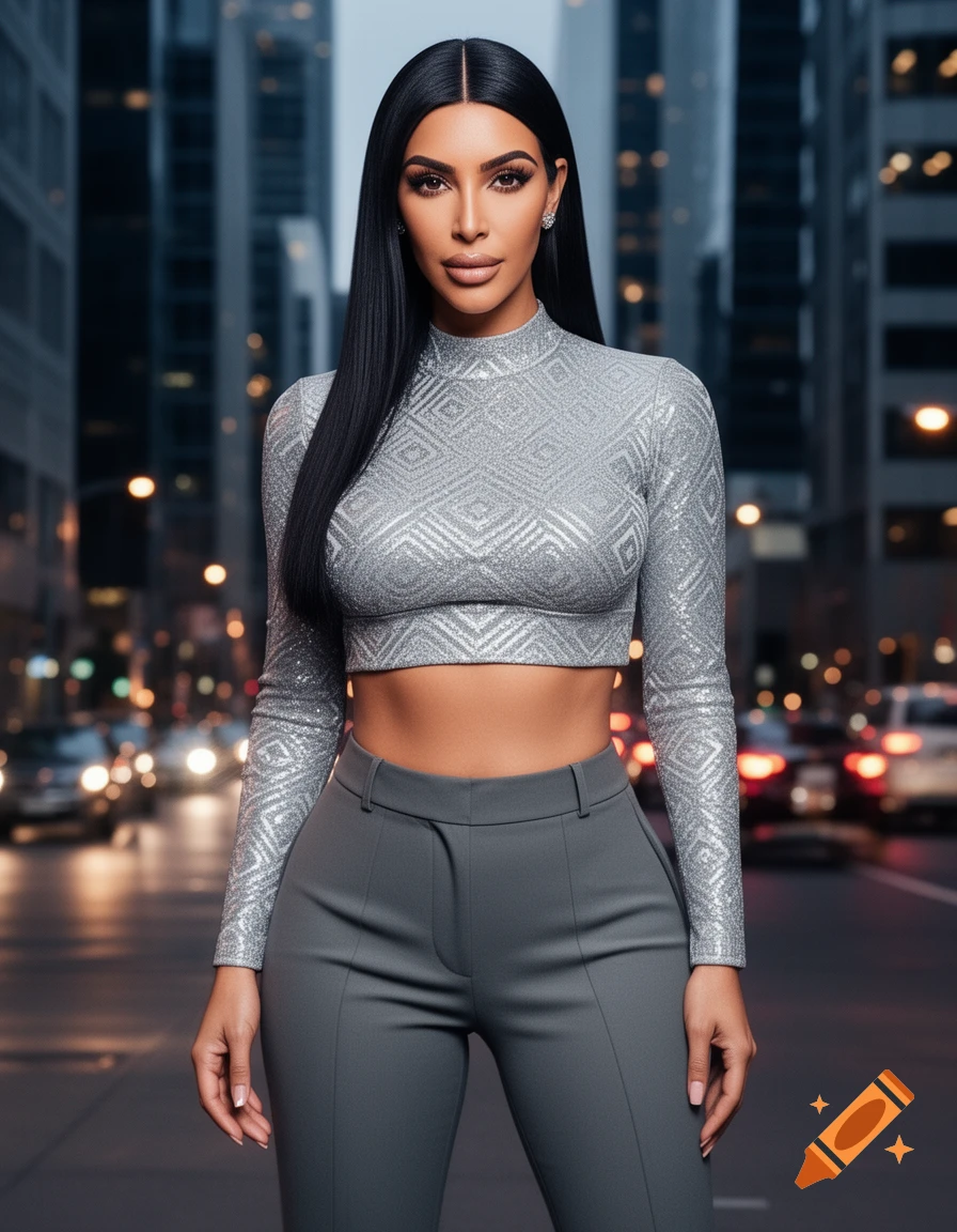 A woman resembling Kim Kardashian stands in a city street at dusk, wearing a silver crop top and grey trousers.