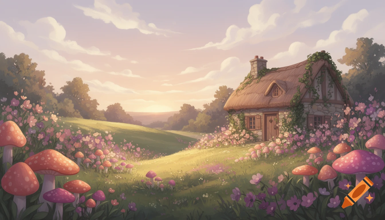 A charming drawn cottagecore landscape featuring a stone cottage with a thatched roof, surrounded by pink flowers and whimsical red and pink mushrooms under a pastel sky.