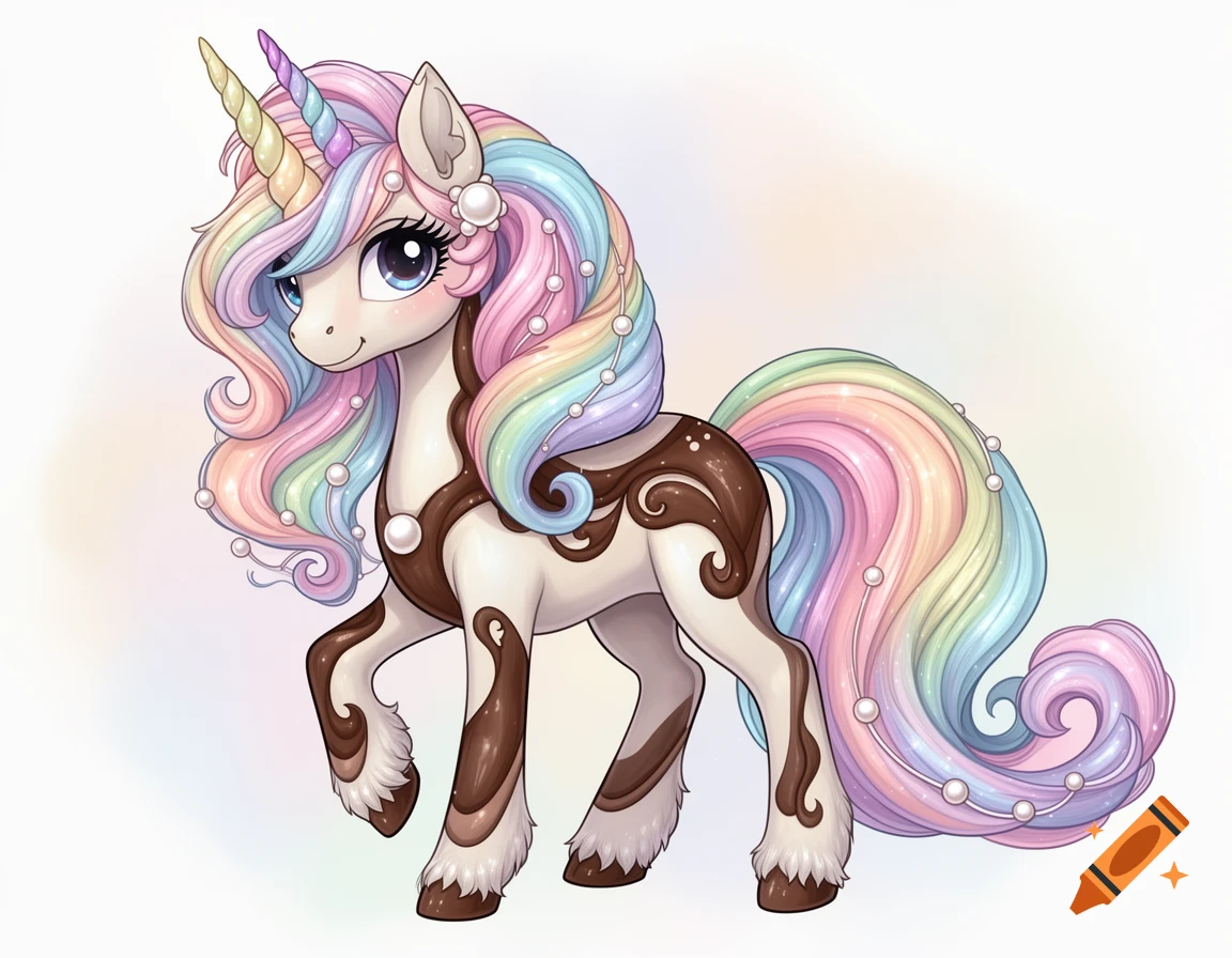 A cute cartoon unicorn with pastel rainbow mane and tail, chocolate-colored markings, two horns, and pearl embellishments on a white background.