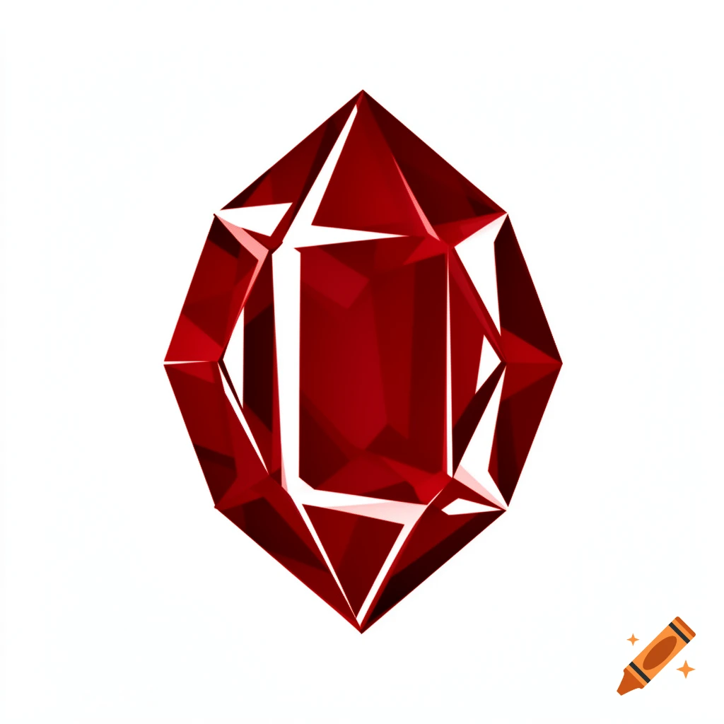 A stylized, faceted red ruby gem on a white background.