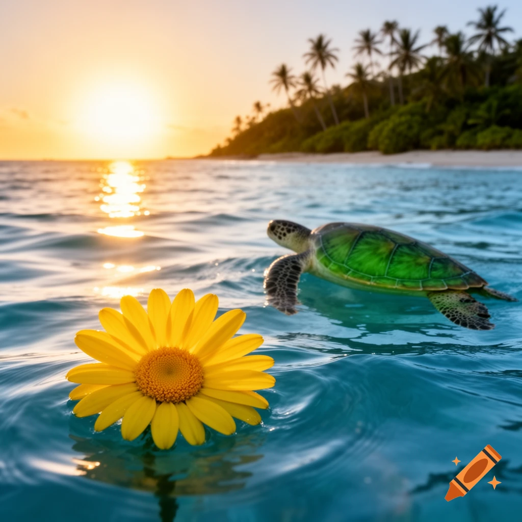 A vibrant yellow daisy floats on clear blue ocean water near a green sea turtle, with a tropical island and sunset.