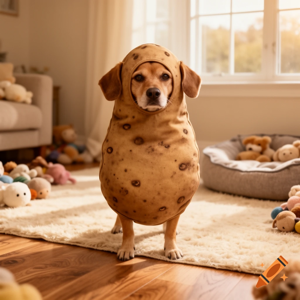 A photorealistic dog in a potato costume stands on a fluffy rug in a sunlit room filled with toys.