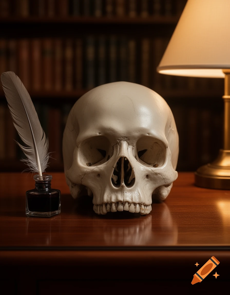 A realistic skull sits on a wooden desk next to a feather quill in an inkwell, and a glowing lamp, with bookshelves in the background.