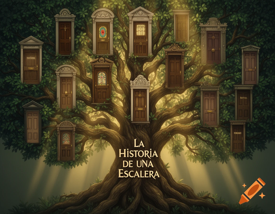 A stylized, large tree with a thick trunk and lush green leaves, features numerous ornate wooden doors embedded within its branches. Golden light streams through the background. The title "LA HISTORIA DE UNA ESCALERA" is prominently displayed on the trunk.