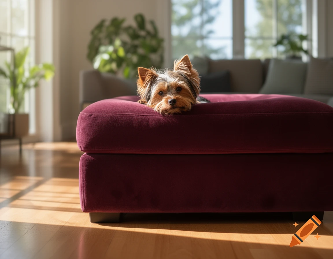 A cute Yorkie dog peeking its head over a red couch ottoman in a sunny living room.