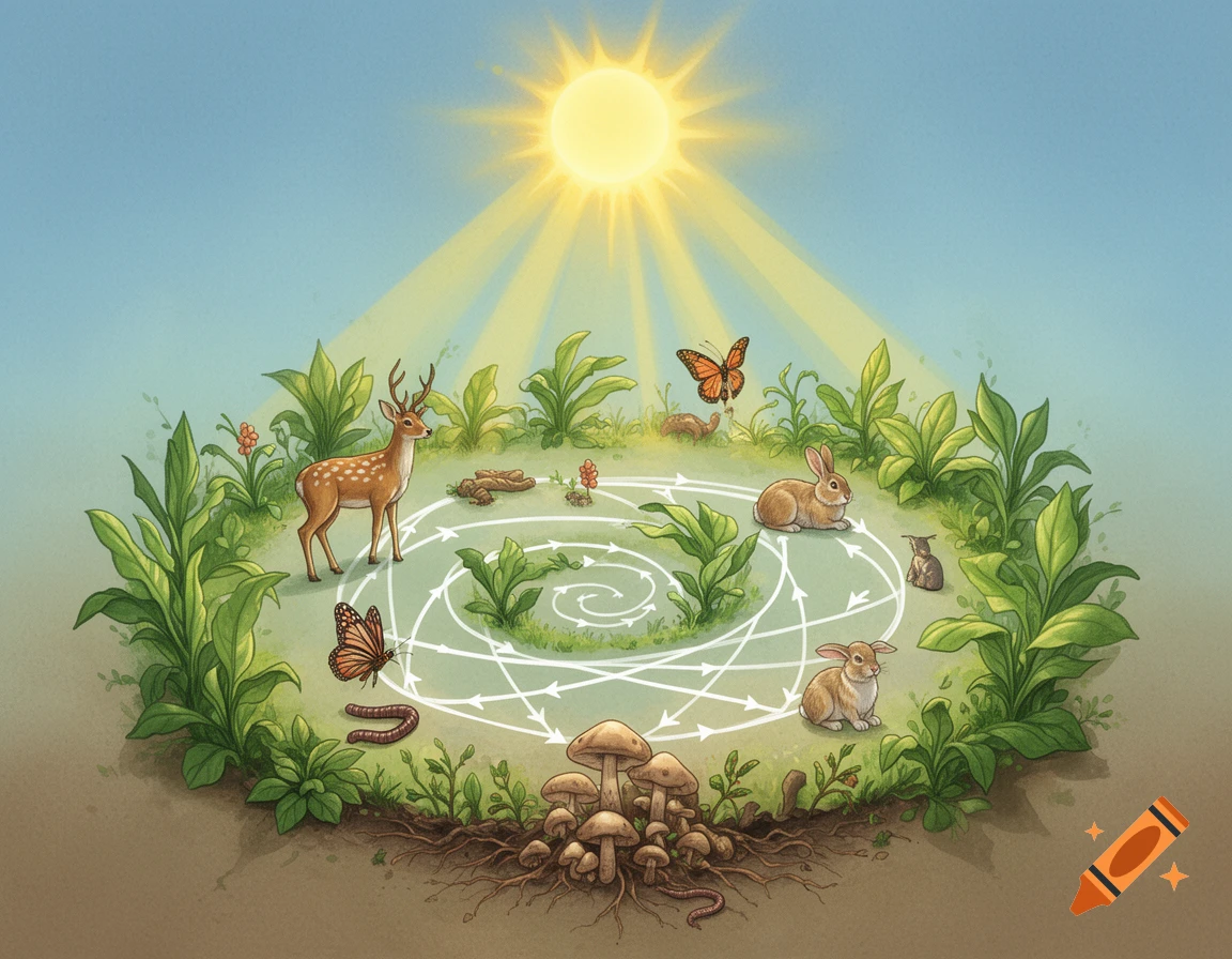 An illustration of a food chain under the sun, featuring a deer, rabbits, butterfly, worm, mushrooms, and plants connected by white arrows.