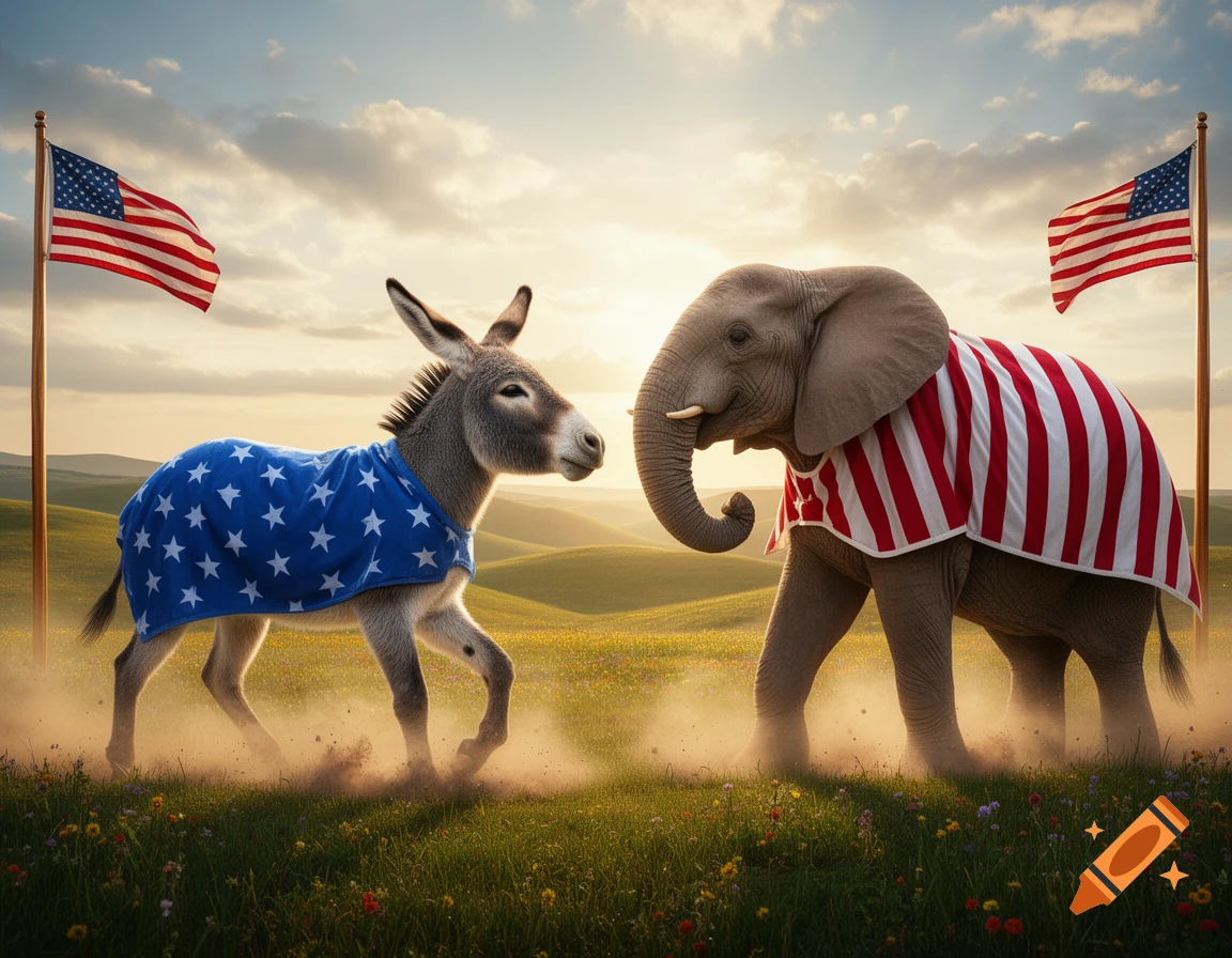A donkey in a blue star blanket and an elephant in a red and white stripe blanket face each other in a grassy field with US flags, photorealistic style.