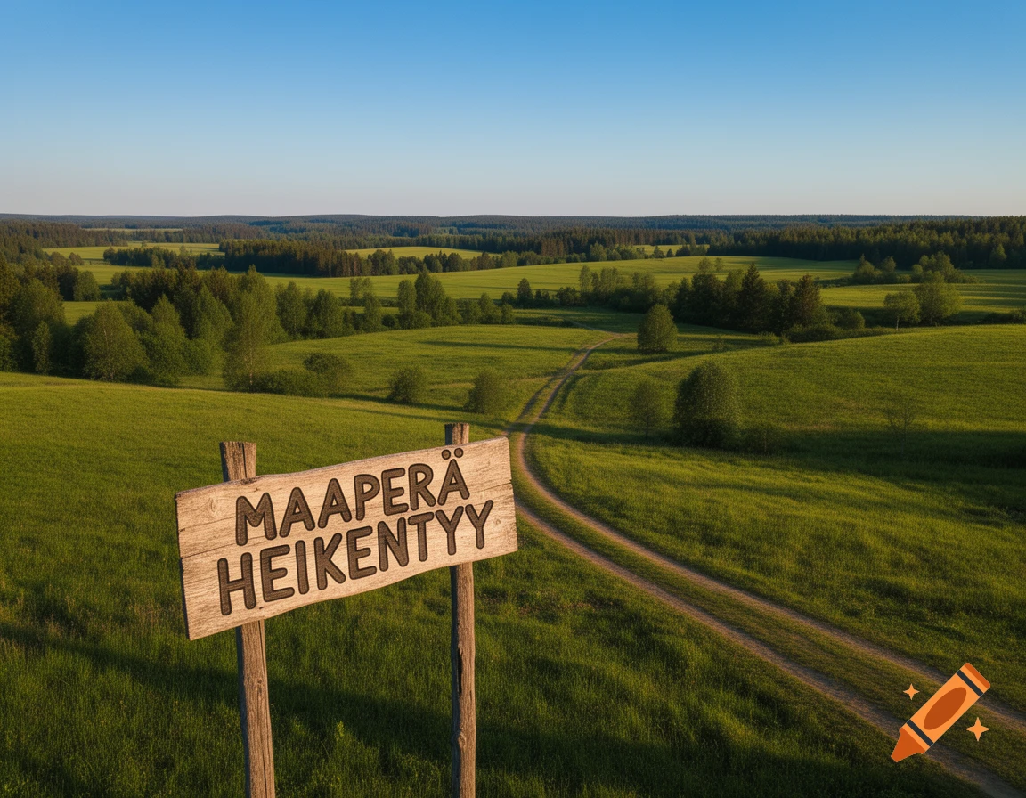 A wooden sign reading "MAAPERÄ HEIKENTYY" stands in a lush green rural landscape with fields, trees, and a dirt road.