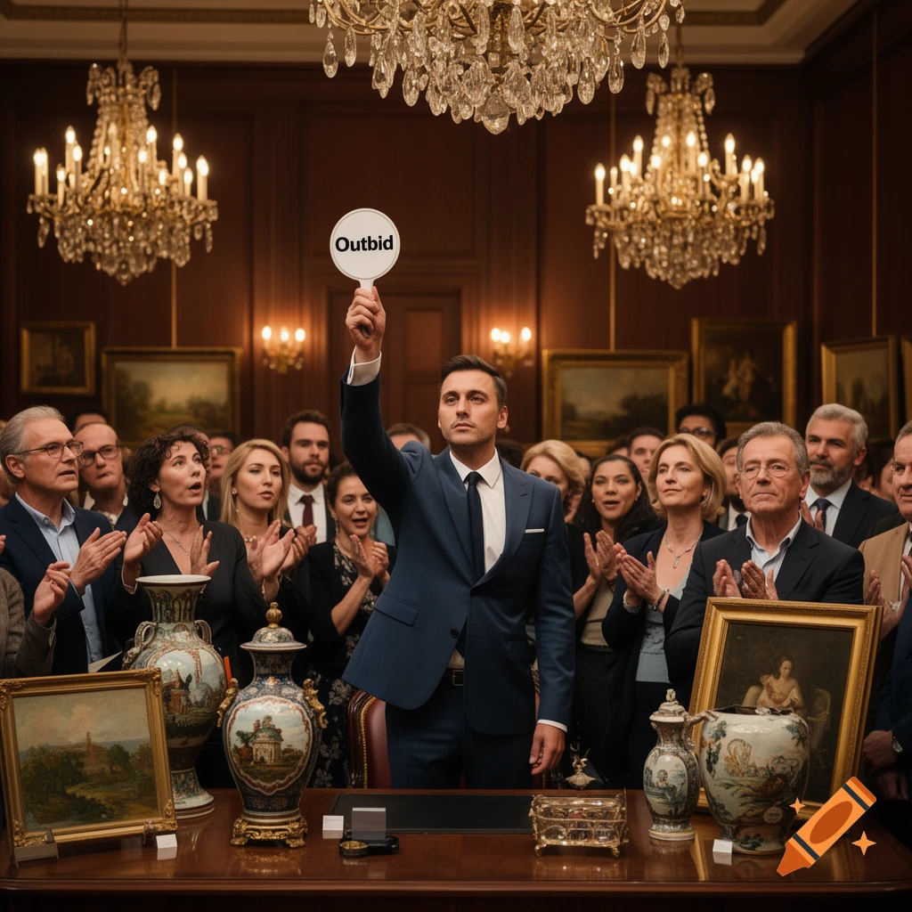 A man in a suit raises an 'Outbid' paddle at a formal auction, surrounded by clapping attendees and valuable art pieces.