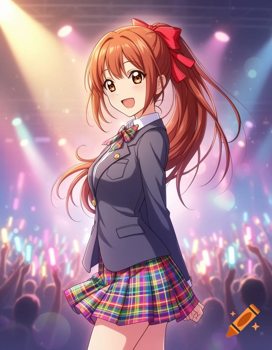 An anime girl with brown hair in a ponytail and a red bow, wearing a school uniform, smiles on stage with a cheering crowd.
