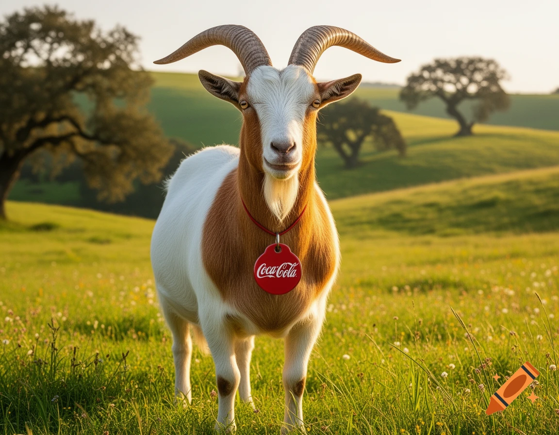 A photorealistic brown and white goat with horns stands in a sunlit green meadow, wearing a red Coca-Cola tag on its neck.