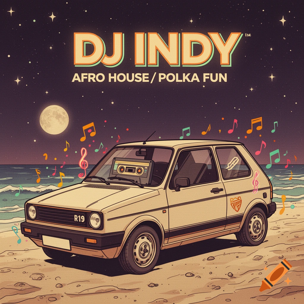 Retro cartoon illustration of a vintage car on a sandy beach at night under a full moon, with musical notes. Text says 'DJ INDY AFRO HOUSE/POLKA FUN'.
