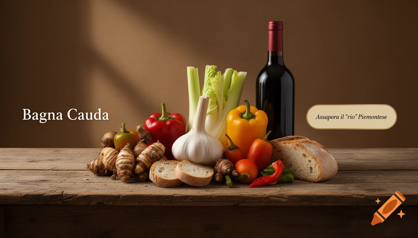 A rustic still life of Italian ingredients for Bagna Cauda, including garlic, peppers, celery, bread, and red wine, on a wooden table.