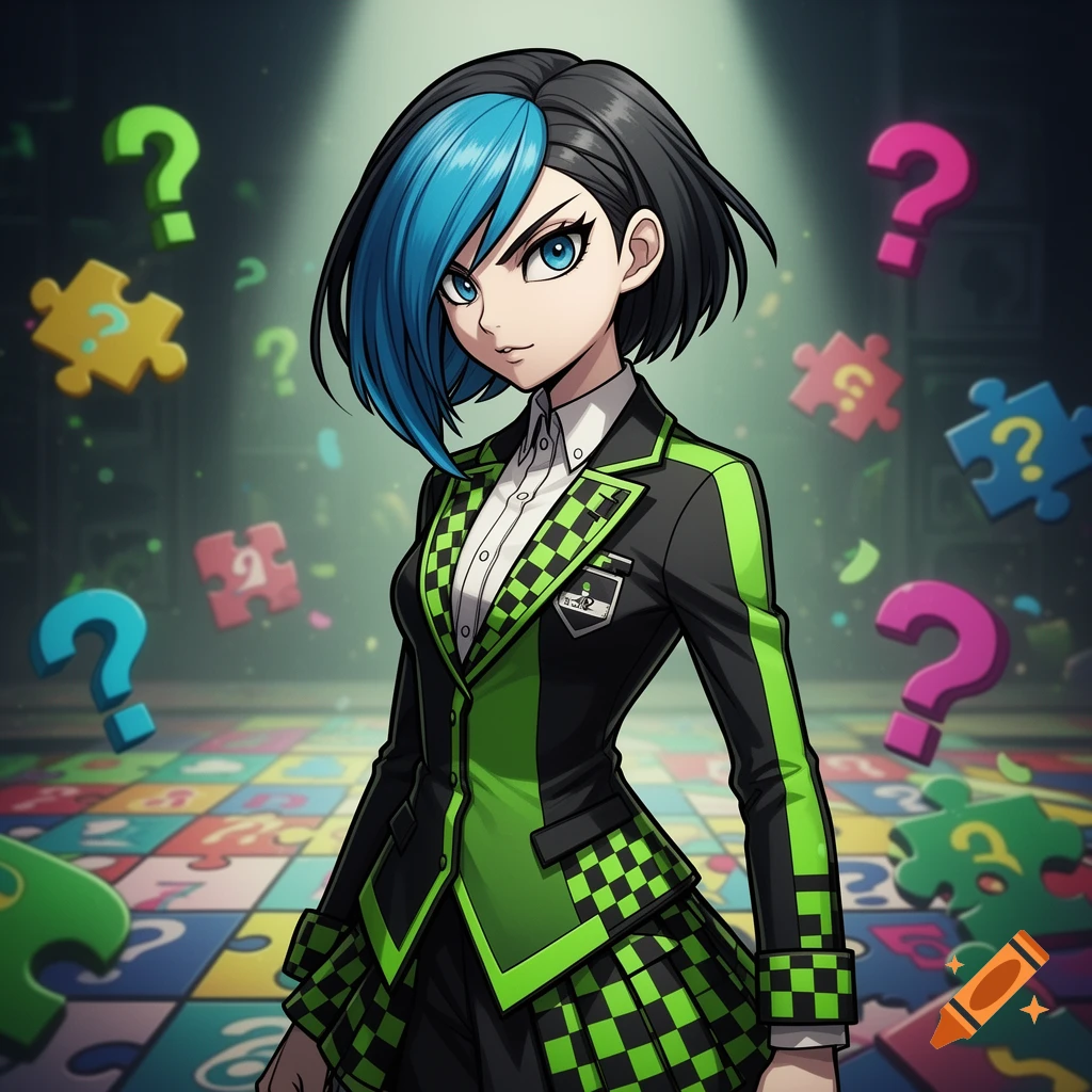 An anime-style character with short black and blue hair, wearing a black and green checkered suit, stands in a room with floating question marks and puzzle pieces.