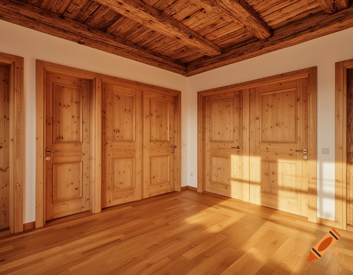 A room in a Bavarian country house with wooden parquet flooring, several wooden panel doors, and a rustic wooden beamed ceiling.