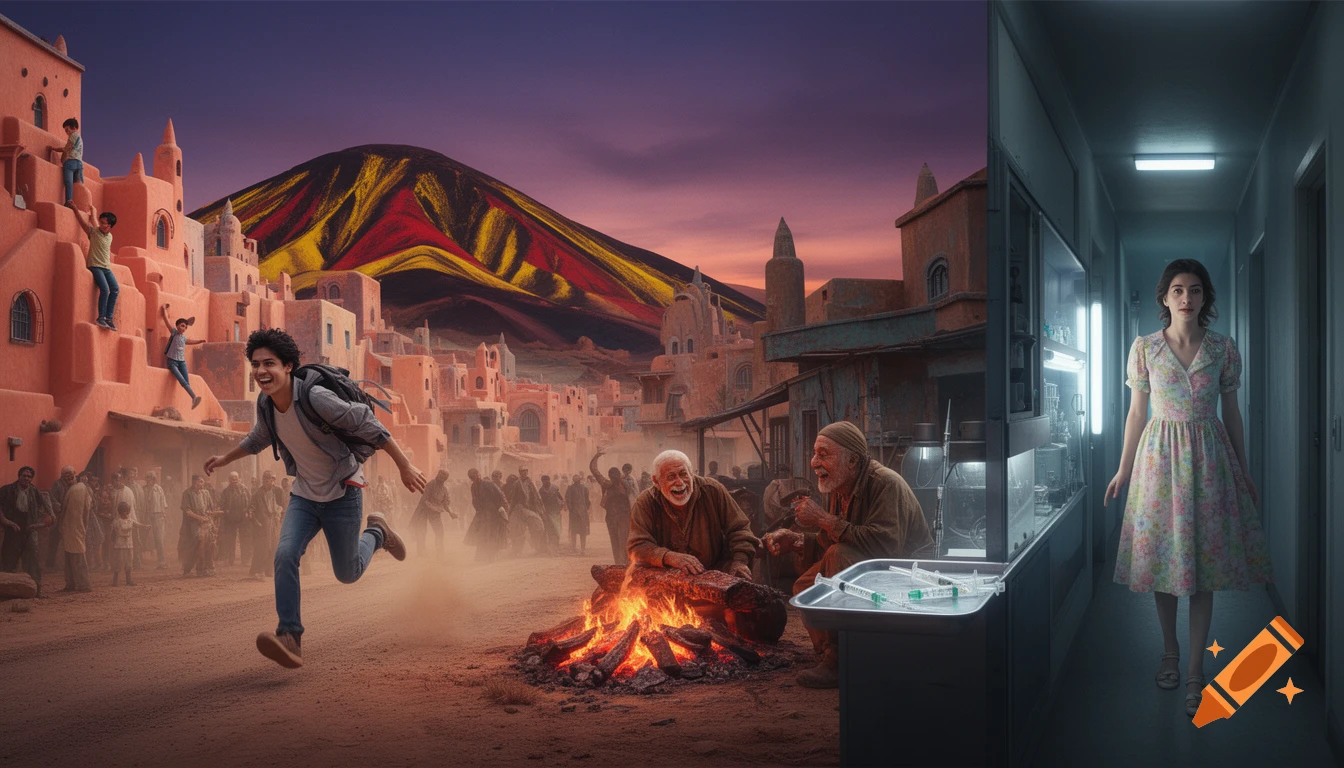 A dreamlike composite image with a student running through a desert town with a red, yellow, and black mountain in the background, contrasted with an elderly couple by a fire, and a woman in a floral dress in a sterile hallway with a lab.