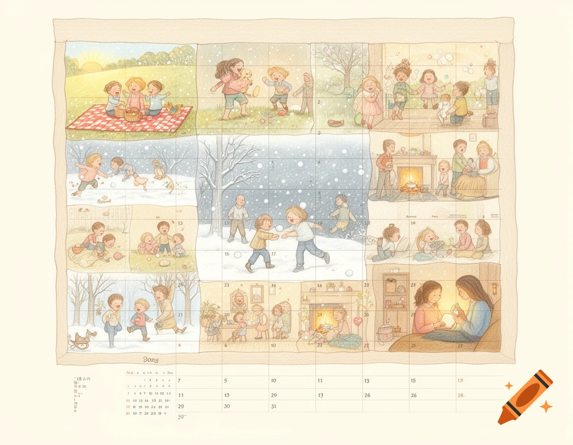 Watercolor illustration of a calendar page showing family memories, children playing outdoors and indoors in different seasons.