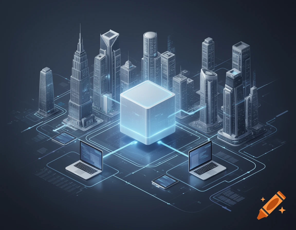 Modern digital illustration of a futuristic city with a central glowing data cube, connected to buildings and devices via network lines.