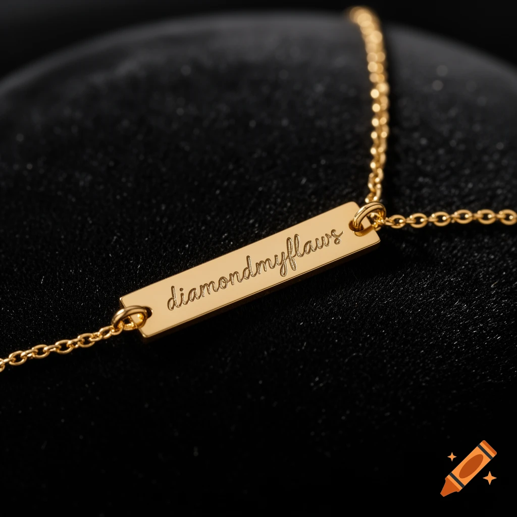Close-up of a gold bar necklace engraved with 'diamondmyflaws' on a dark, textured background.