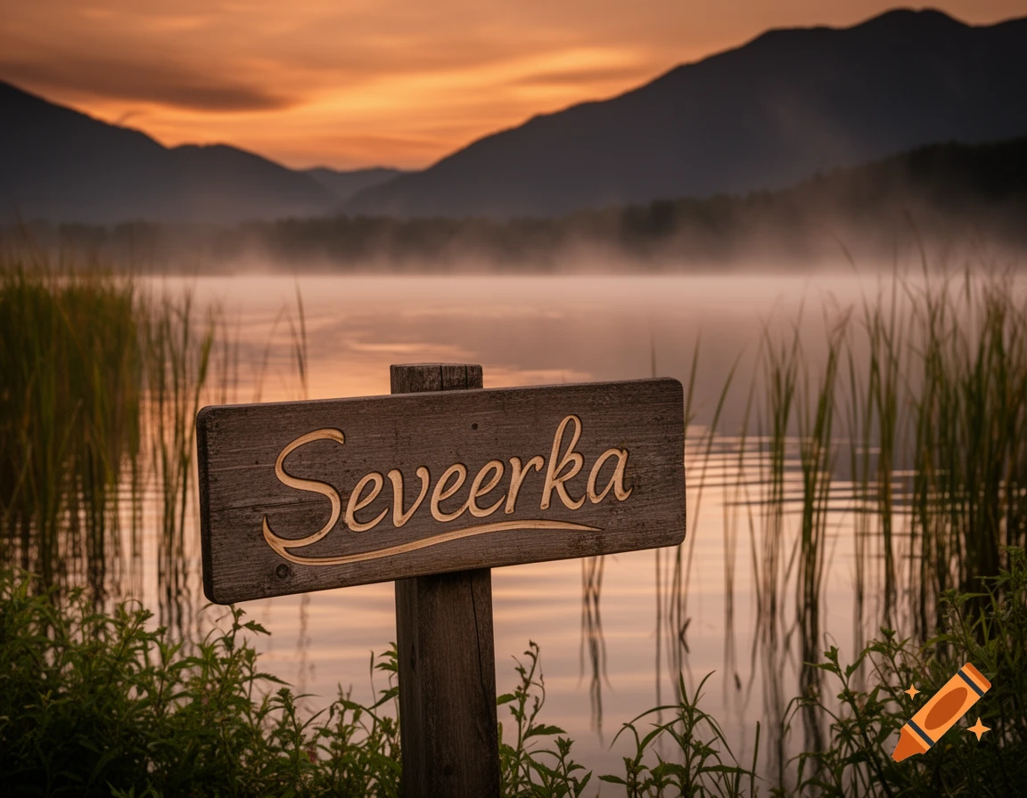 Wooden sign with "Seveerka" at a misty lake's edge, reflecting an orange sunset, with mountains in the background. Photorealistic.
