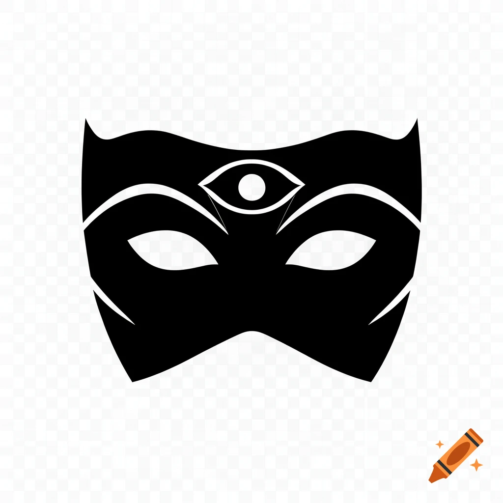 A black minimalist stencil graphic of a mask with empty eye holes and a third eye symbol on its forehead.