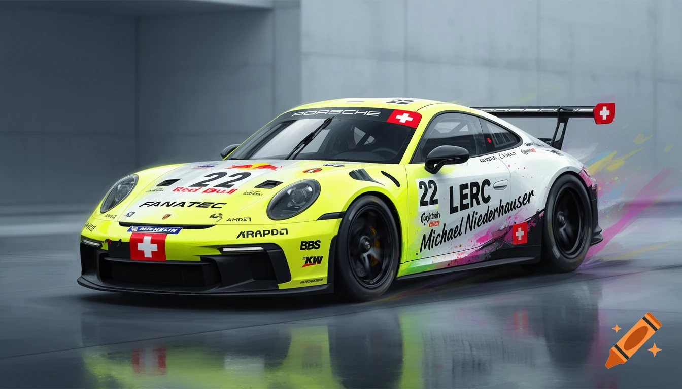 A vibrant yellow, white, and black Porsche GT3 race car with sponsor logos and Swiss flags, captured in a clean studio setting.