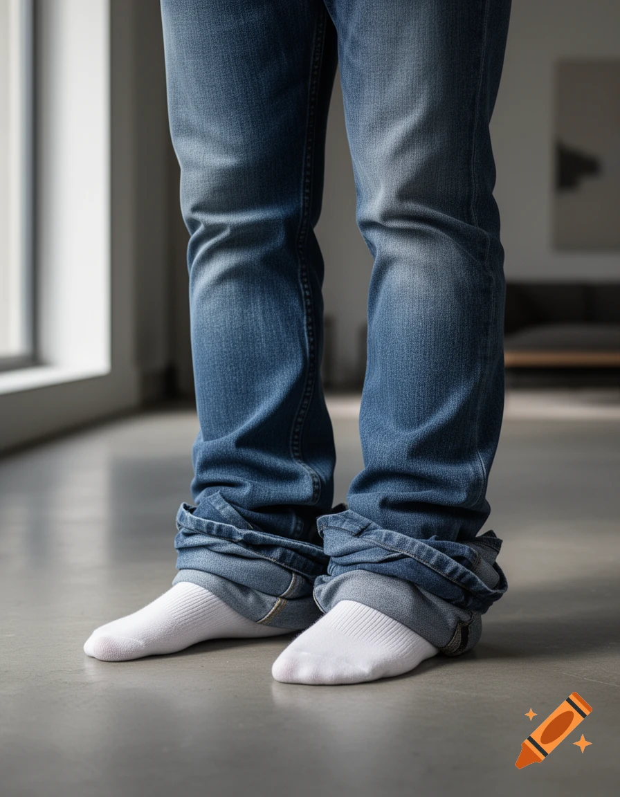 Close-up of legs in cuffed blue jeans and white socks on a concrete floor.