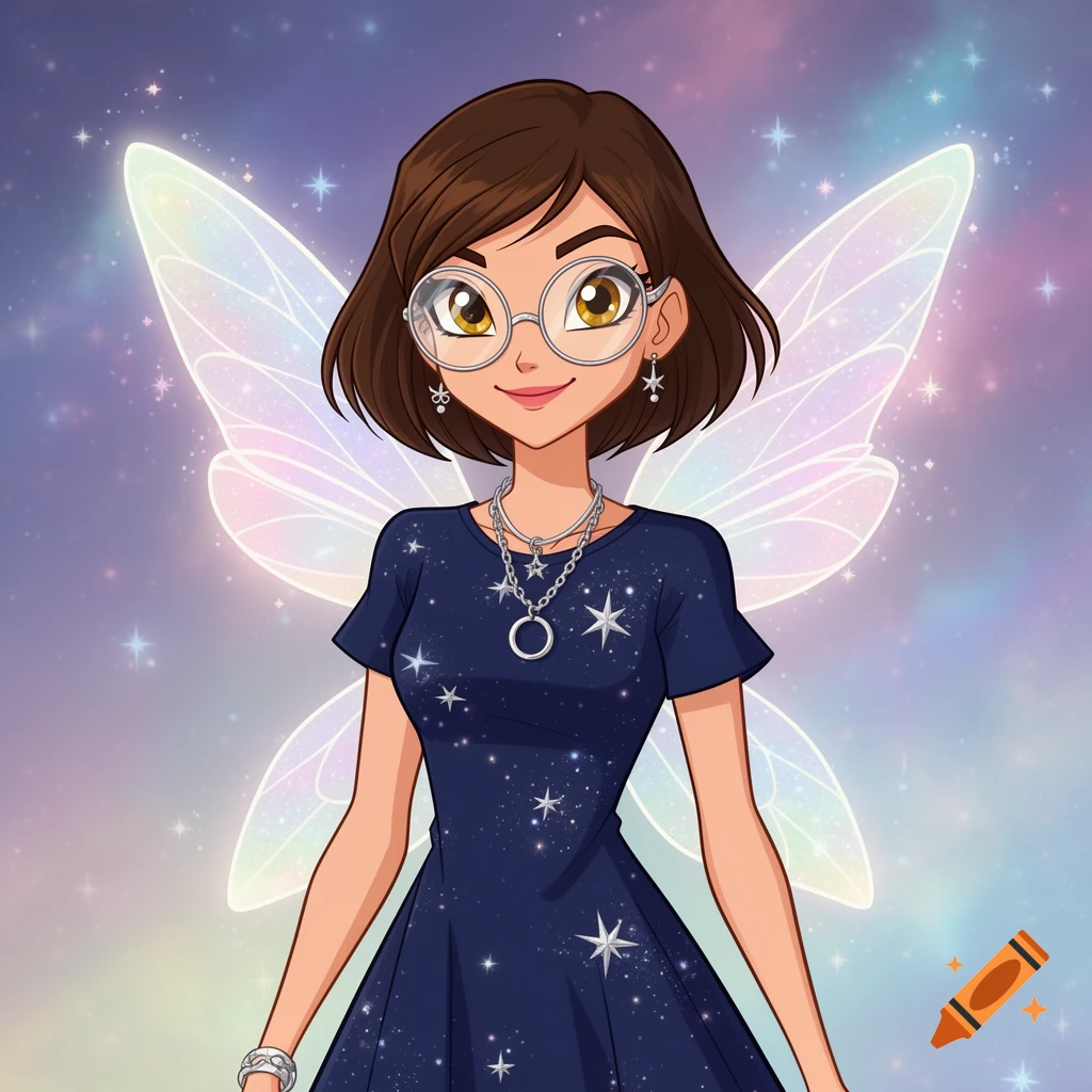 A cartoon teenage fairy girl with brown hair, round glasses, and a navy blue star-patterned dress stands against a pastel cosmic background.