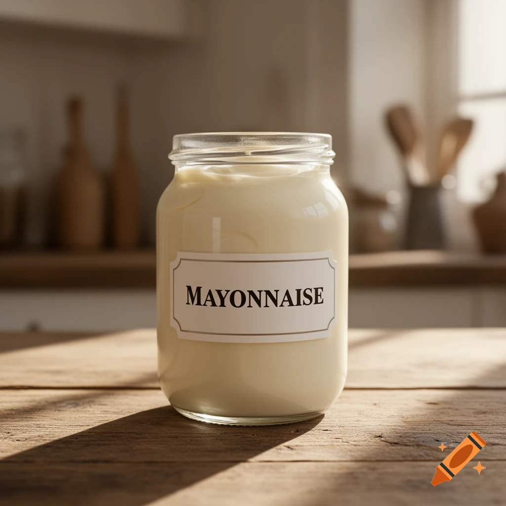 A clear glass jar of mayonnaise with a white label reading "MAYONNAISE" sits on a wooden counter in a sunny kitchen.