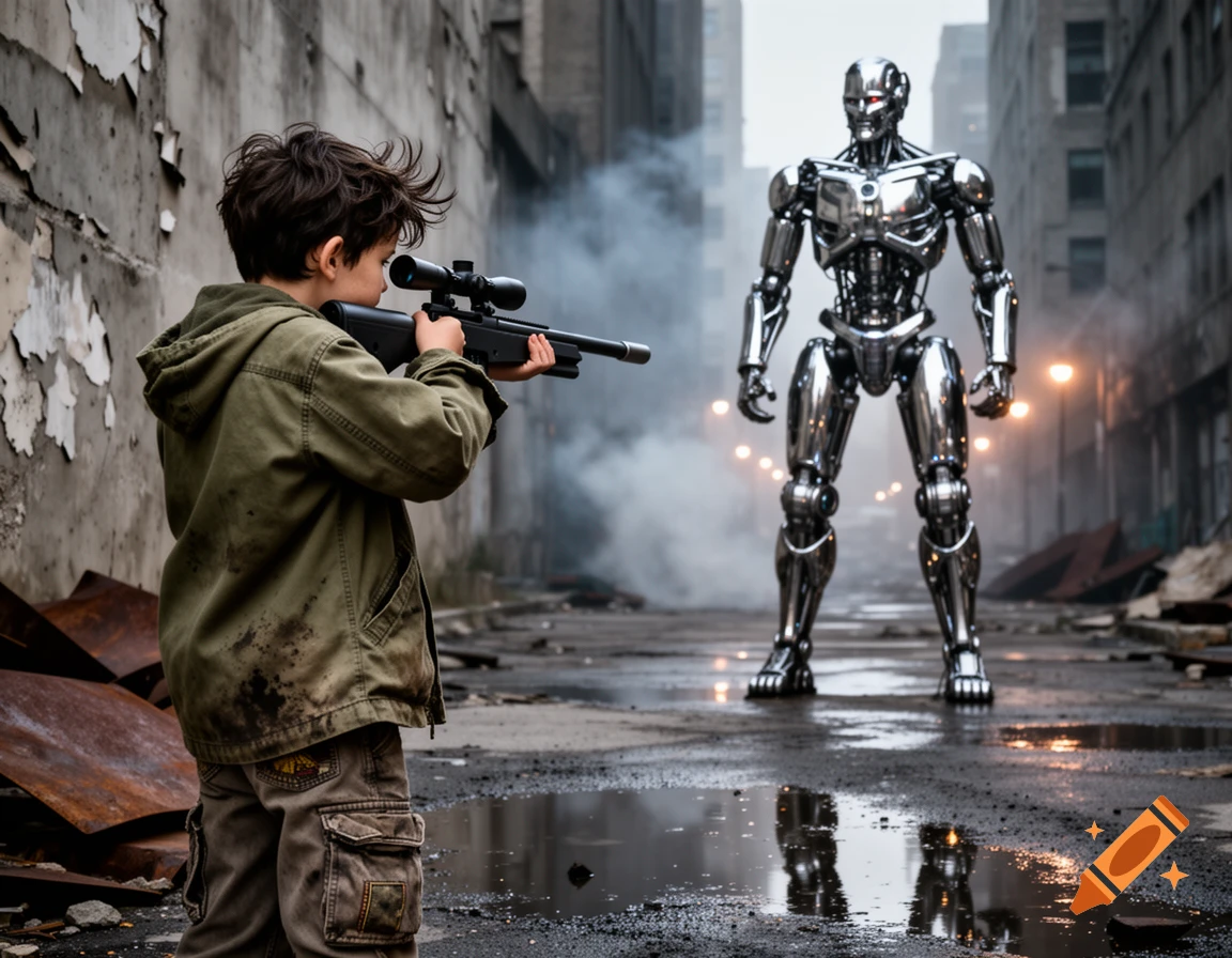 A boy in a dirty jacket aims a sniper rifle at a large, chrome robot in a smoky, ruined city street.