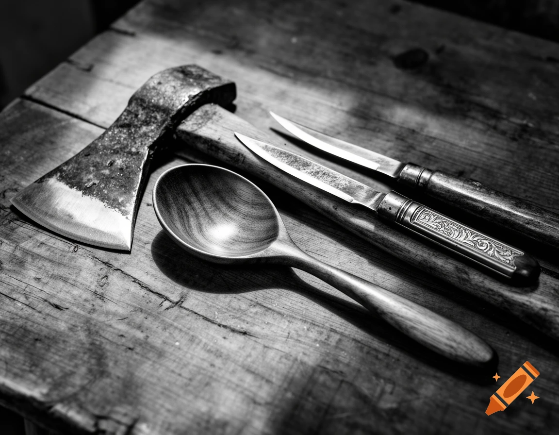A black and white still life photograph showing an axe, a wooden spoon, and two knives on a rustic wooden table.