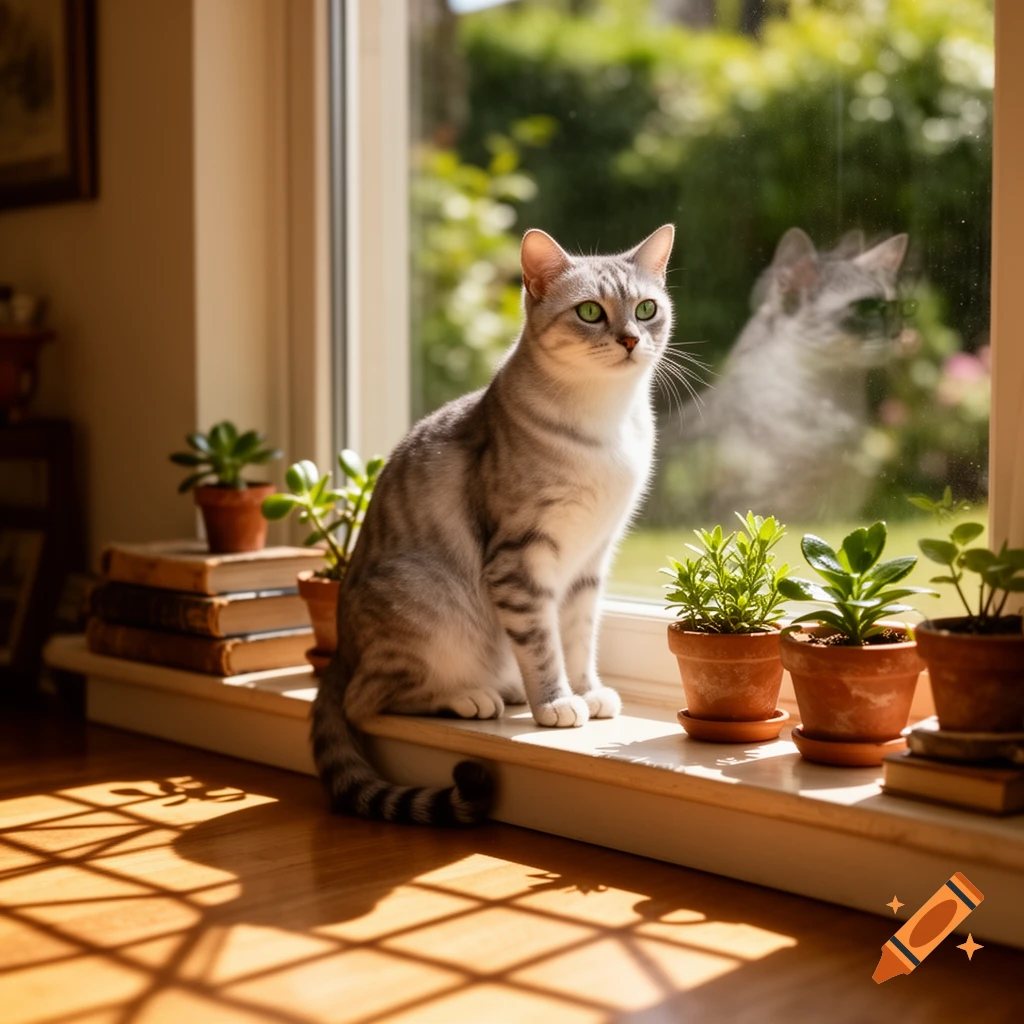A photorealistic image of a striped cat sitting on a sunlit windowsill next to potted plants, with its reflection in the window.