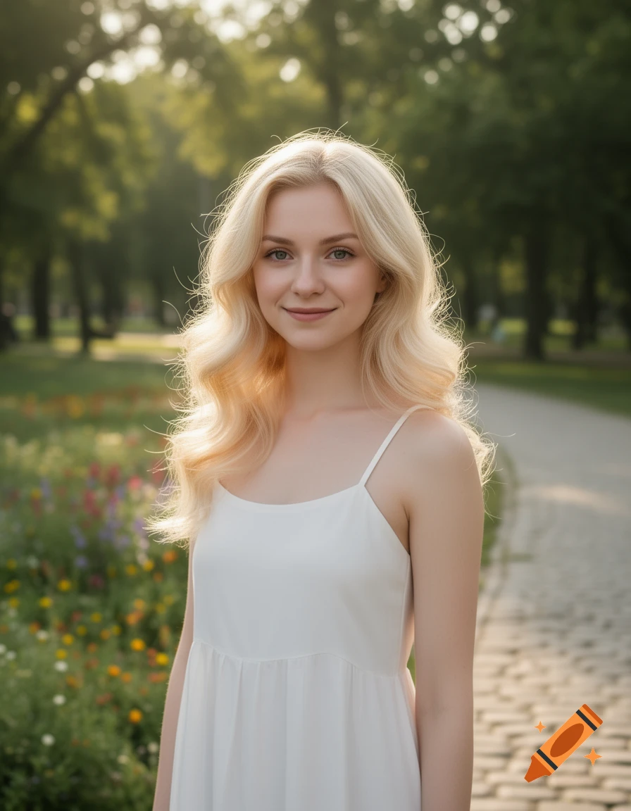 A smiling blonde woman in a white dress stands in a sunny park with flowers and a cobblestone path.