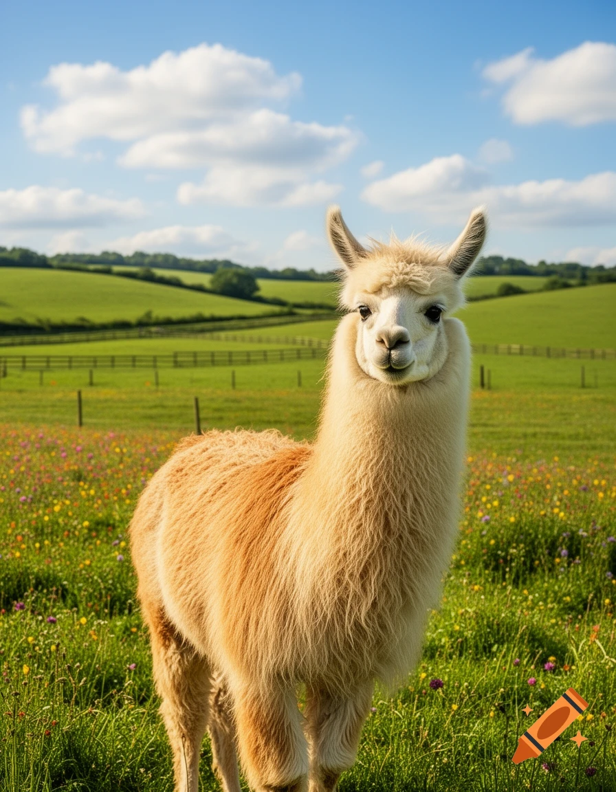 A fluffy light brown alpaca stands in a vibrant green field filled with colorful wildflowers under a blue sky.