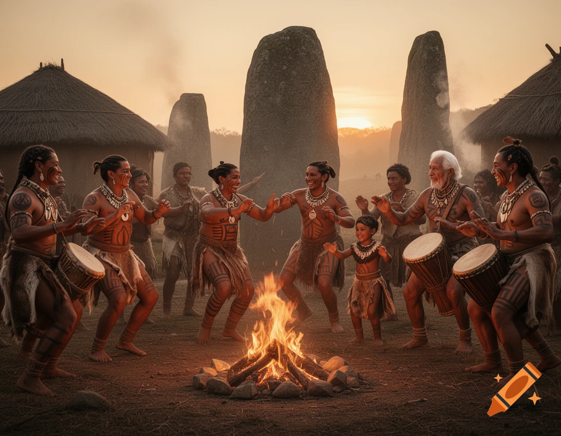 A group of people in traditional attire and body paint dance around a campfire at sunset, with huts and large stone monoliths in the background.