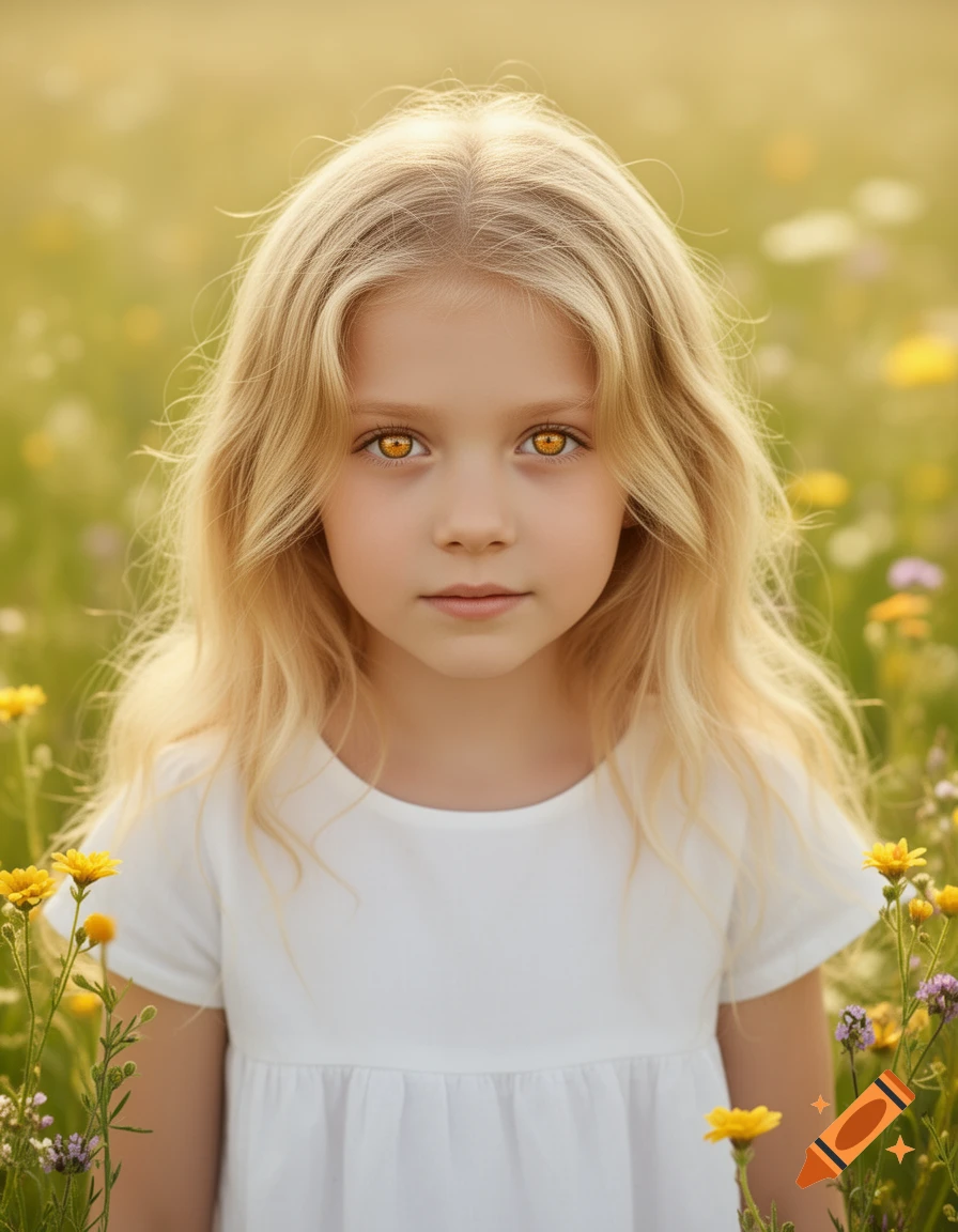Photorealistic portrait of a blonde girl with golden eyes, wearing a white top, standing in a sunny wildflower field.
