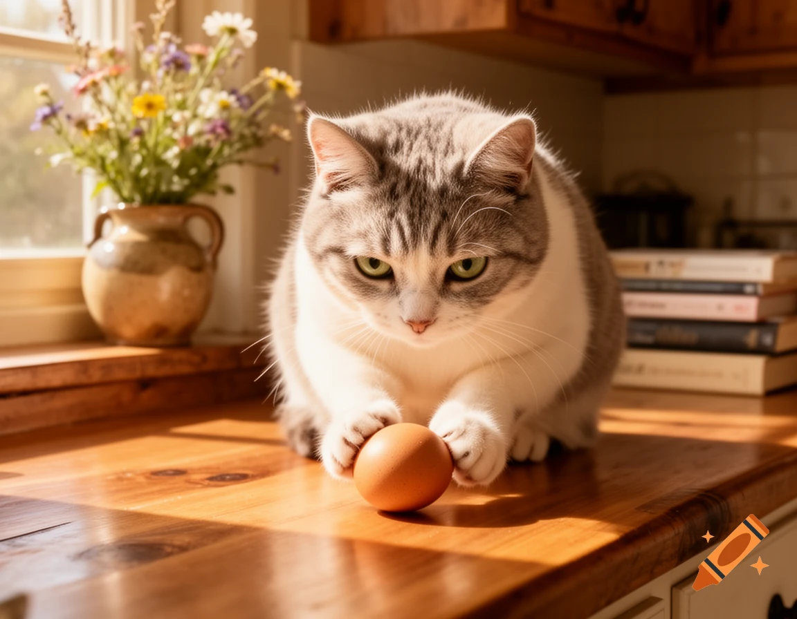 A fluffy tabby and white cat intently touches a brown egg on a sunny wooden kitchen counter.