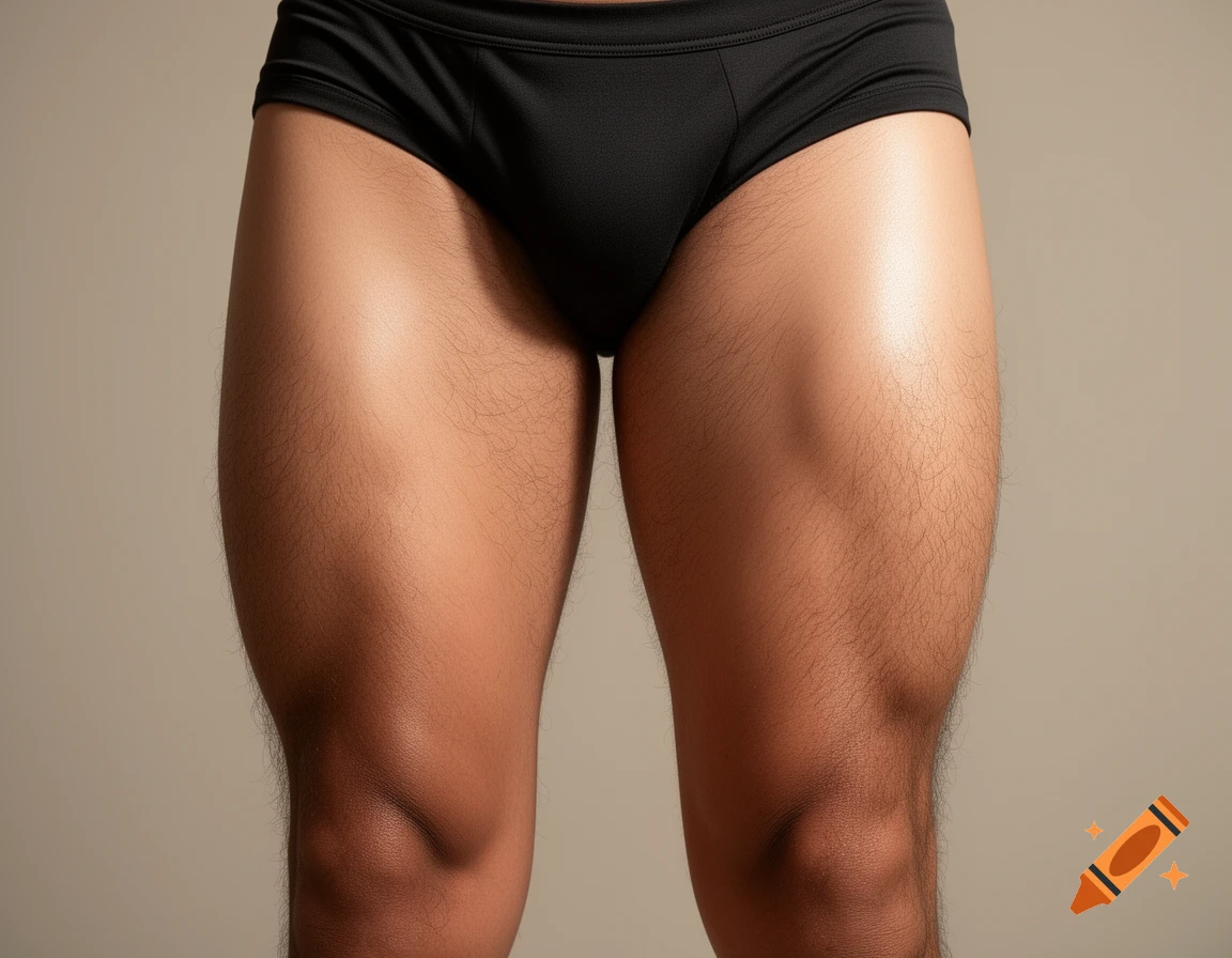 Close-up photorealistic shot of an adult male's lower body, showing hairy thighs and black underwear against a plain background.