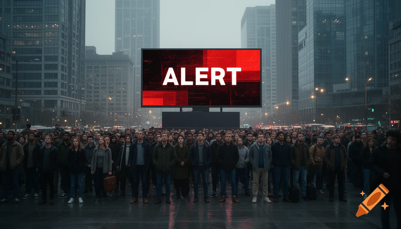 A large crowd of people in a city street gaze up at a digital billboard displaying a red 'ALERT' message, surrounded by tall buildings.