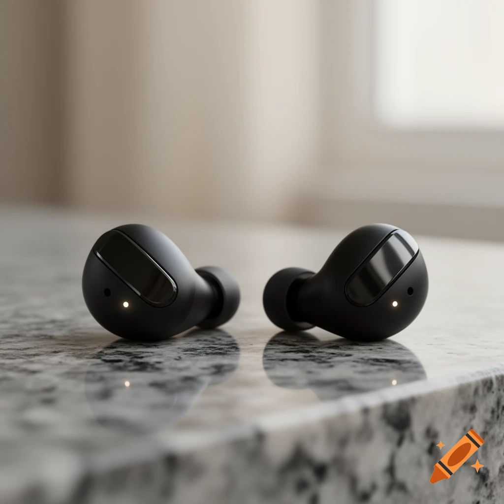 Two realistic black wireless earbuds with glowing white indicator lights, resting on a reflective speckled countertop.