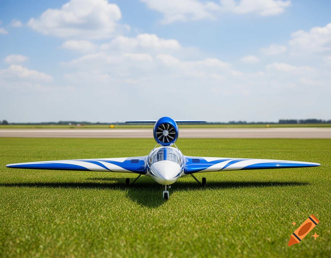 A blue and white model jet plane on a grassy airfield under a cloudy blue sky.