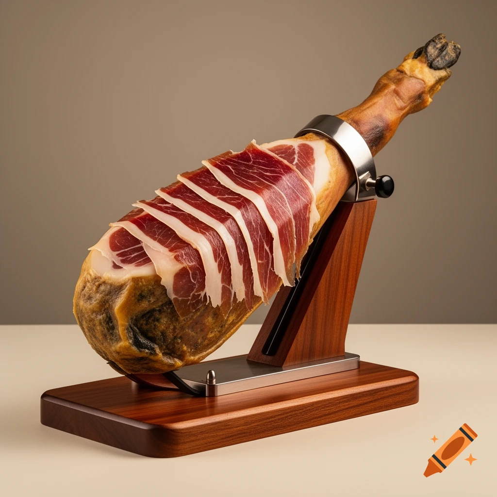Photorealistic jambon serrano ham leg, thinly sliced, on a wooden carving stand in a professional studio setting.