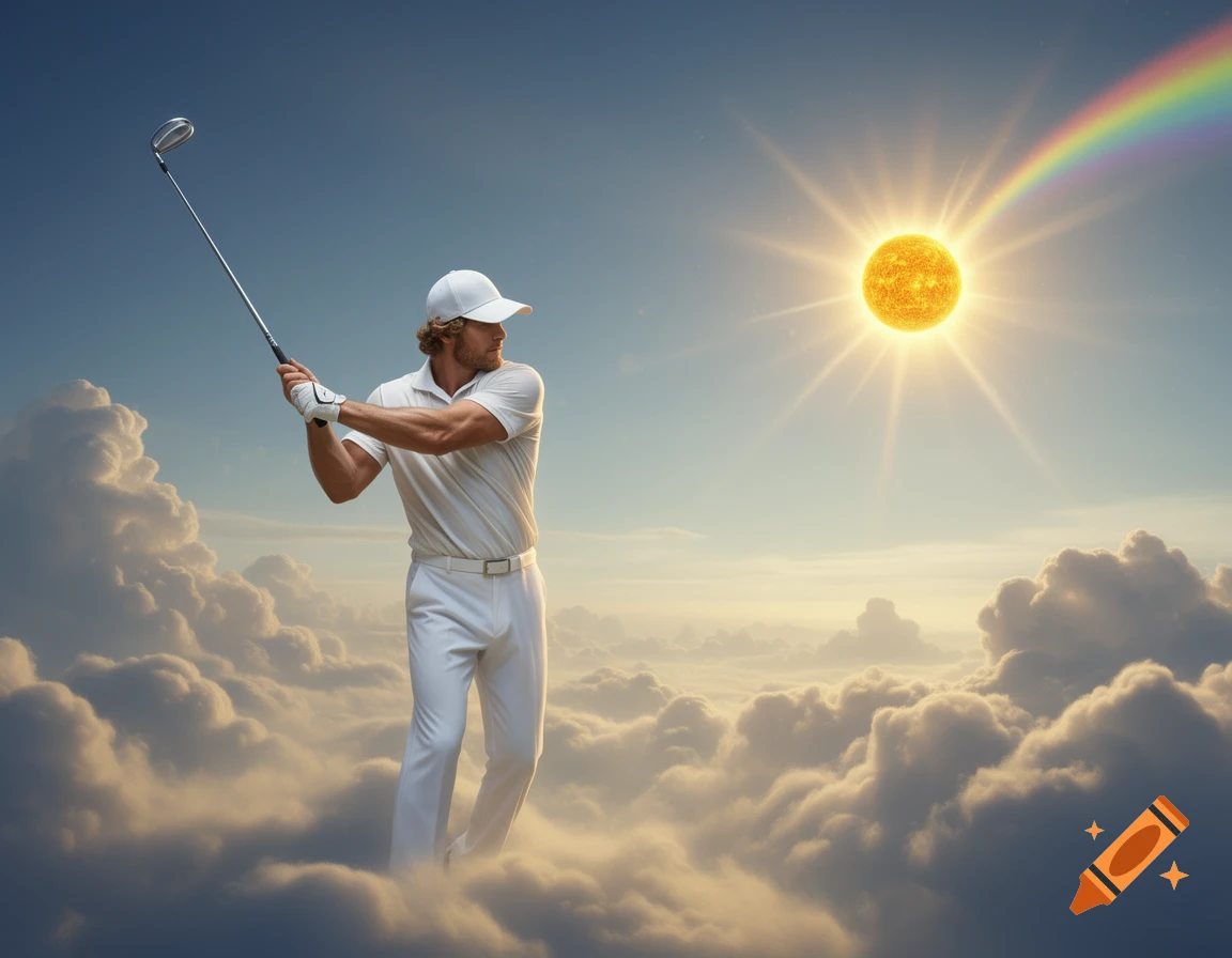 A man in a white golf outfit swings a golf club, standing on clouds under a bright sun and rainbow in a clear blue sky.