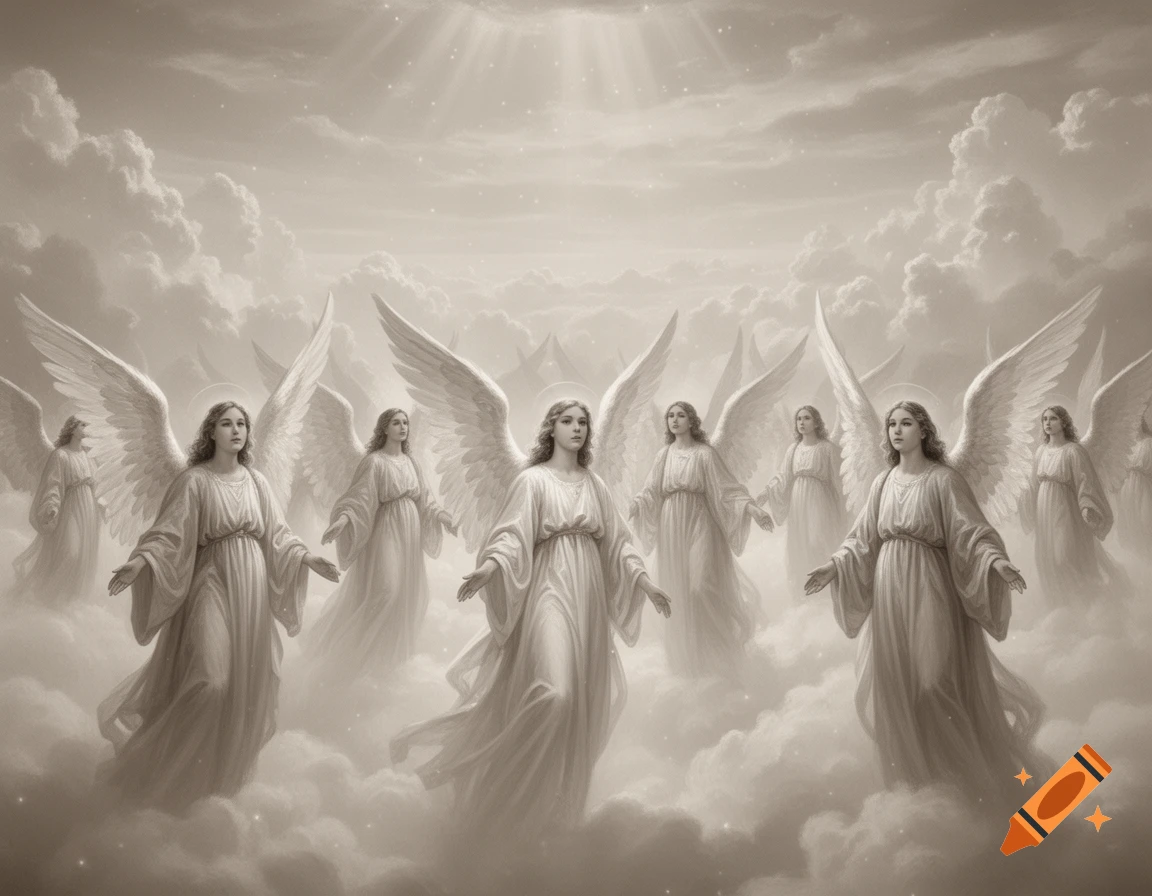 Multiple angels with large wings and halos stand in clouds with sun rays, rendered in an old-style sepia tone.