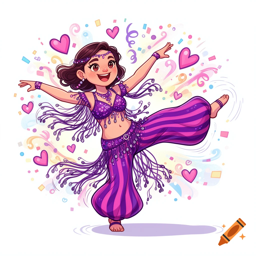 A happy cartoon girl in a purple belly dance outfit and striped harem pants with one leg kicked out, surrounded by hearts and confetti.