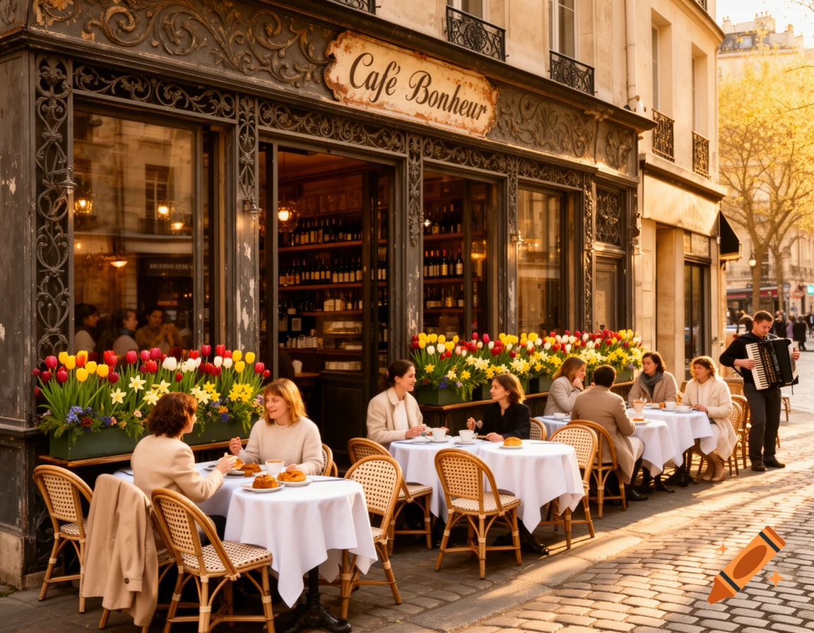 People dine at outdoor tables on a cobblestone street in front of a charming Parisian bistro adorned with colorful tulips and an accordion player.