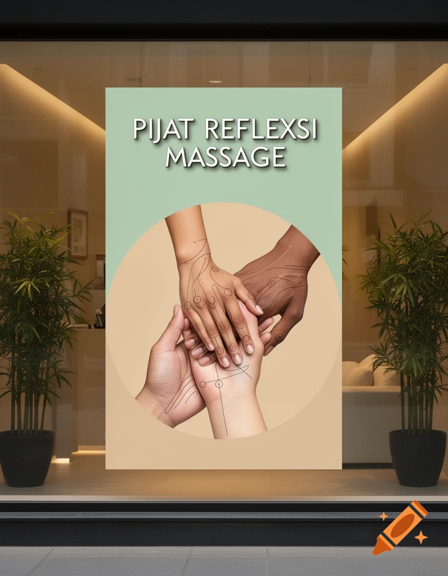 A poster for reflexology massage, featuring hands with marked reflexology points, displayed in a shop window.