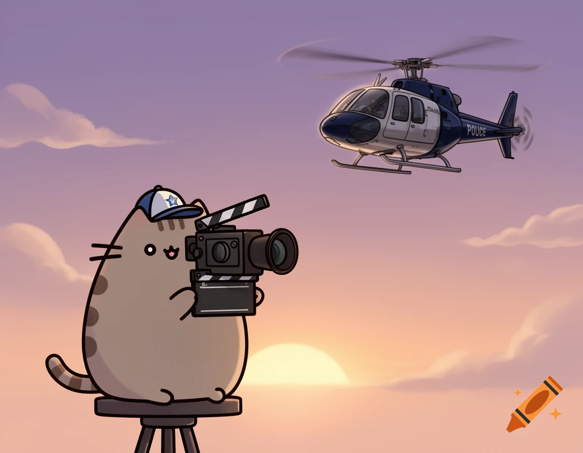 Cartoon Pusheen cat in a baseball cap filming a police helicopter with a movie camera at sunset.